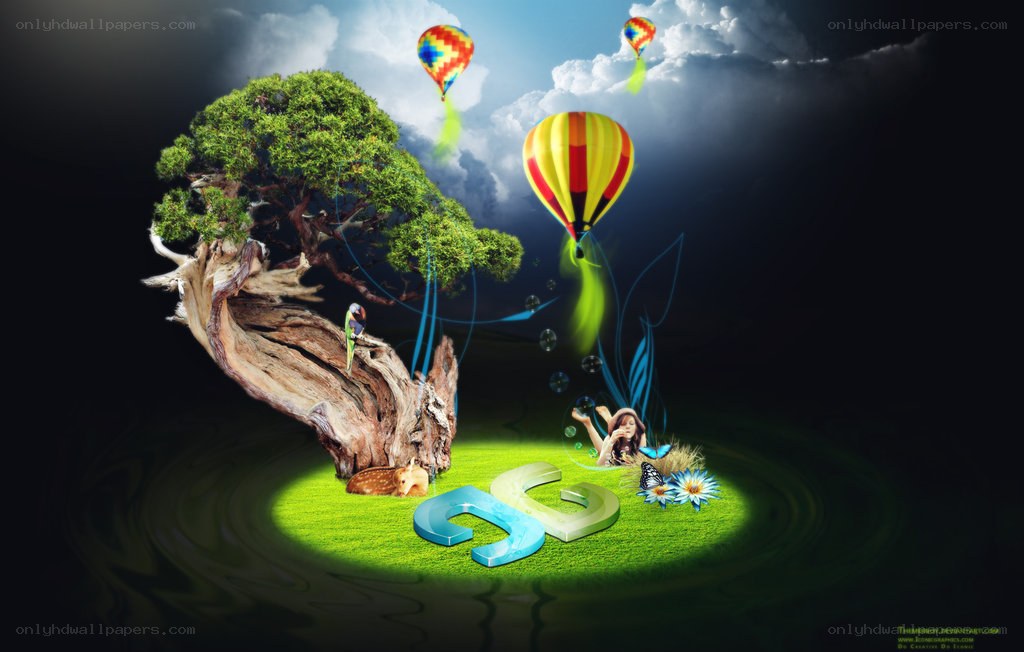 Fantasy island with hot air balloons