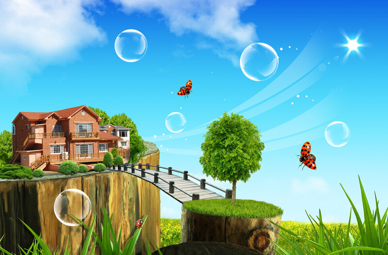 Fantasy island with house and ladybugs