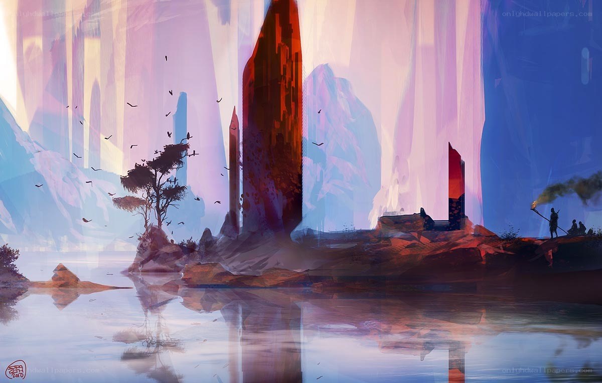 Fantasy landscape with ancient ruins