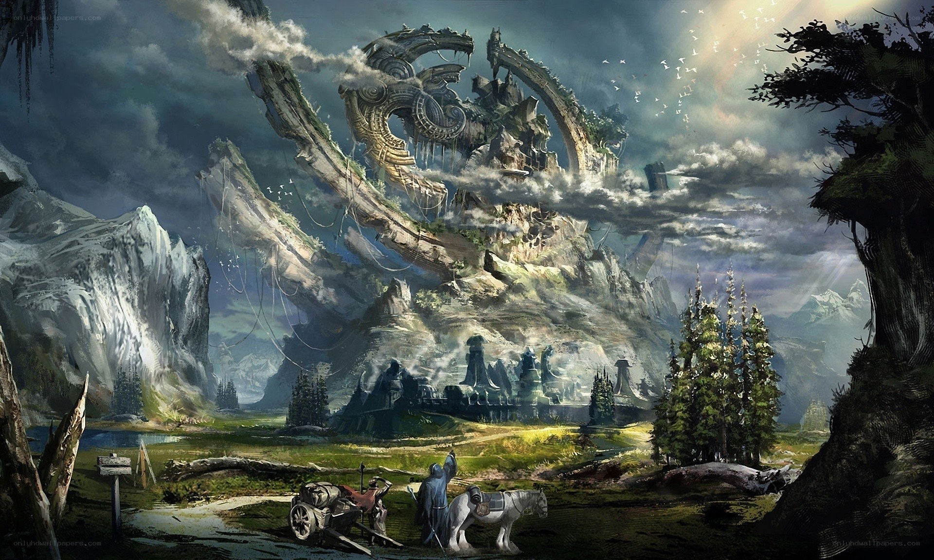 Fantasy landscape with ancient ruins