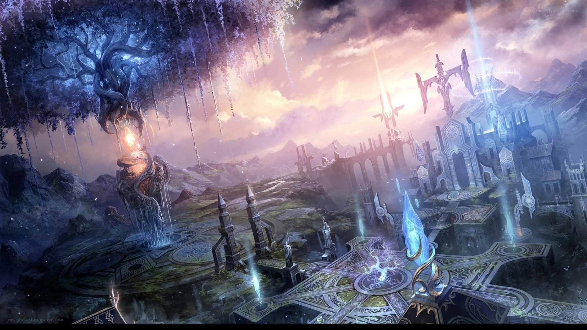 Fantasy landscape with ancient ruins