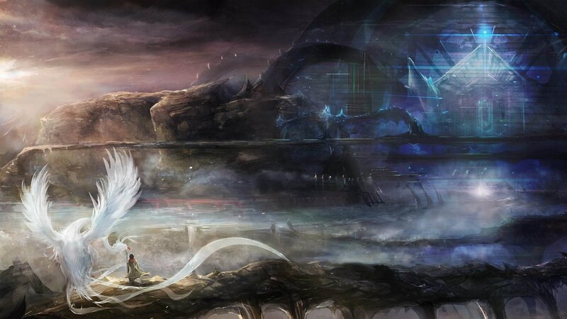 Fantasy landscape with angel and castle