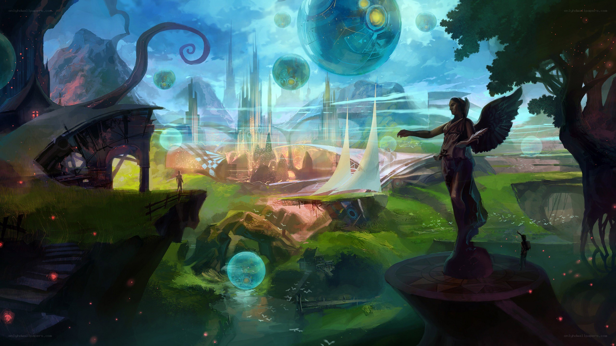 fantasy landscape with angel statue