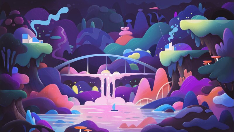 Fantasy Landscape with Bridge — Purple