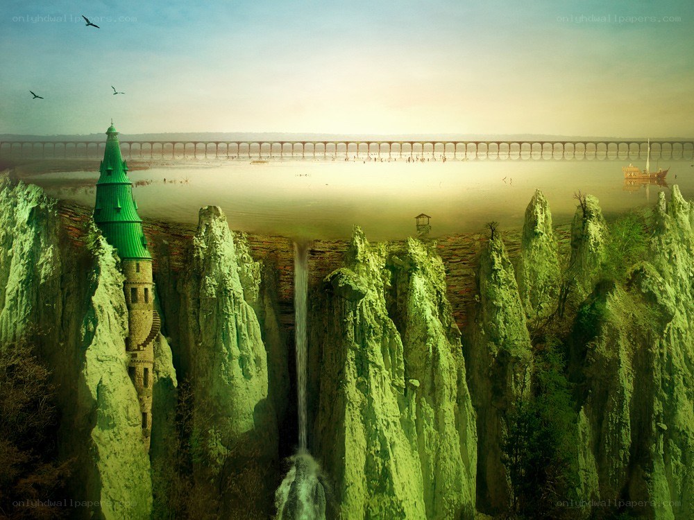 Fantasy landscape with castle and bridge