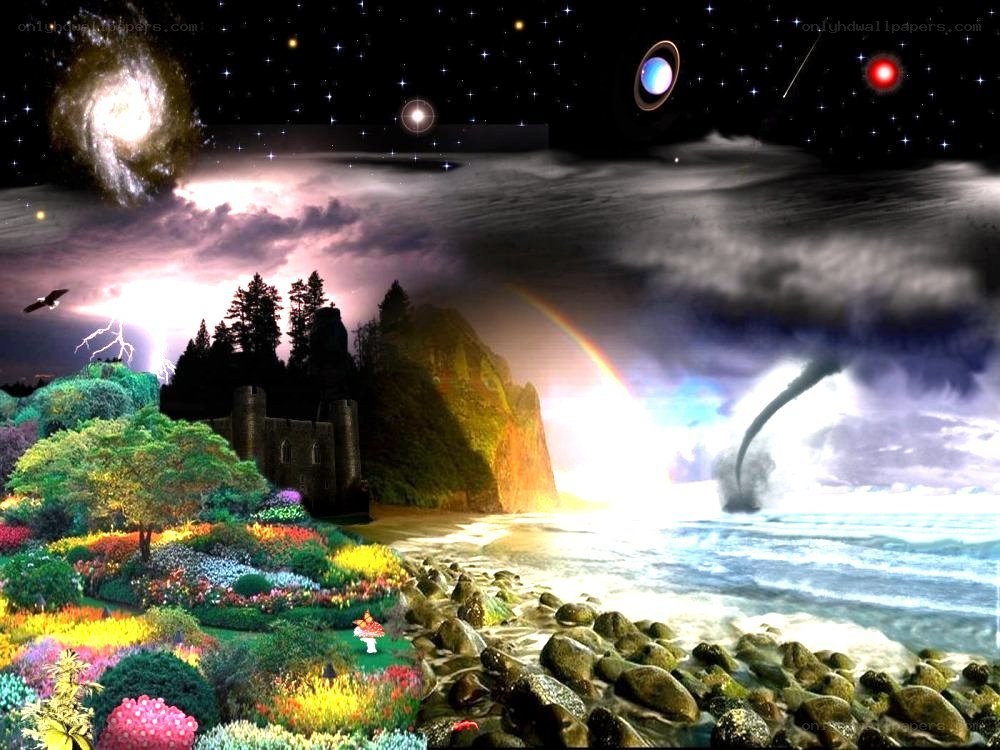 Fantasy landscape with castle and cosmos