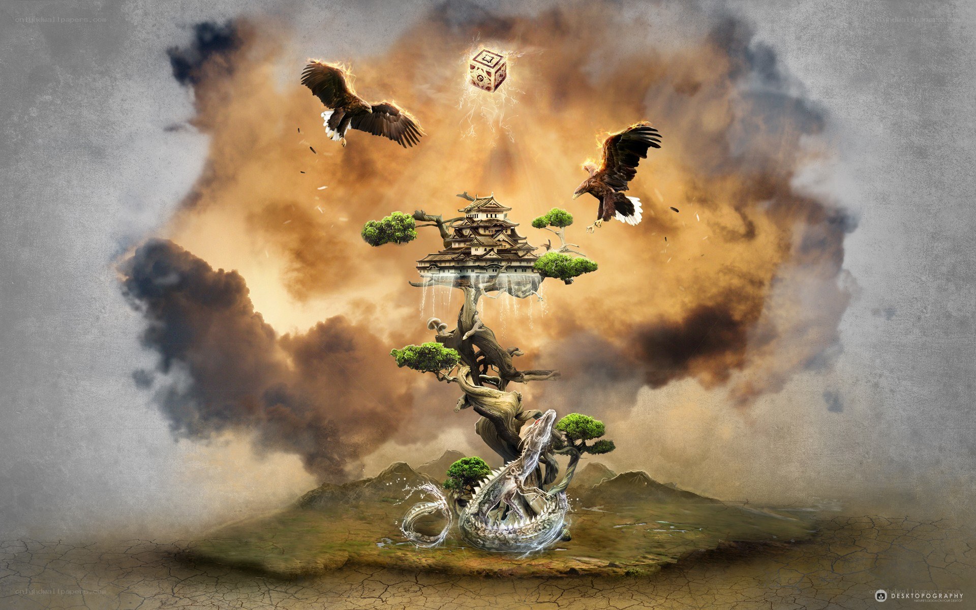Fantasy landscape with castle and eagles