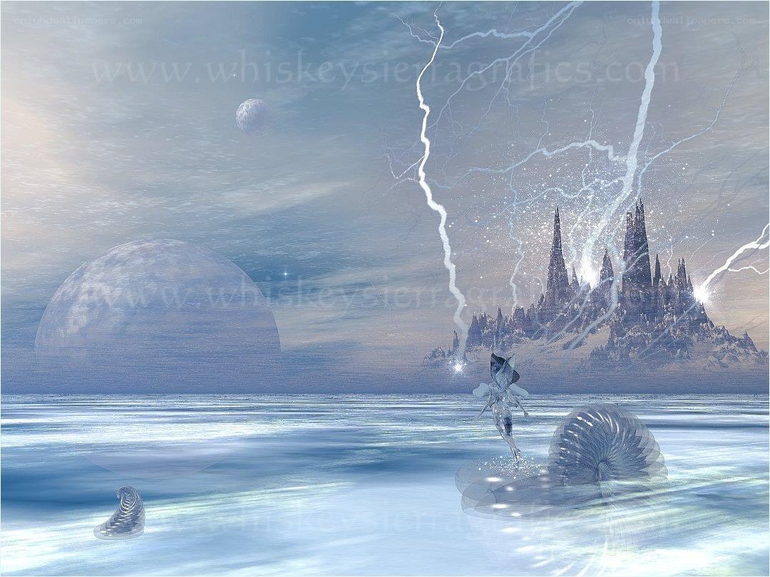 Fantasy landscape with castle and lightning