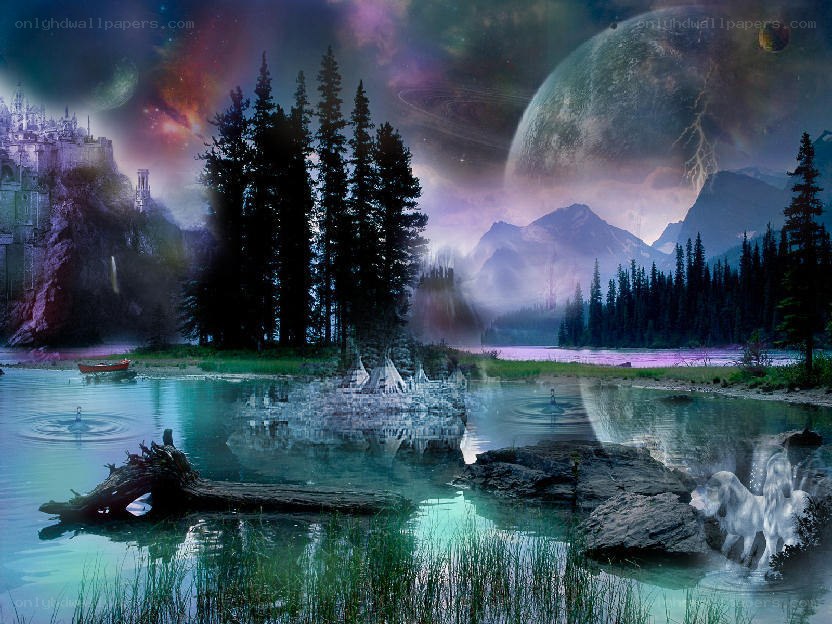 fantasy landscape with castle and planet