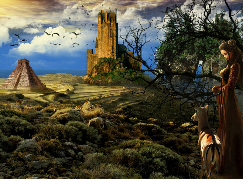 fantasy landscape with castle and pyramid