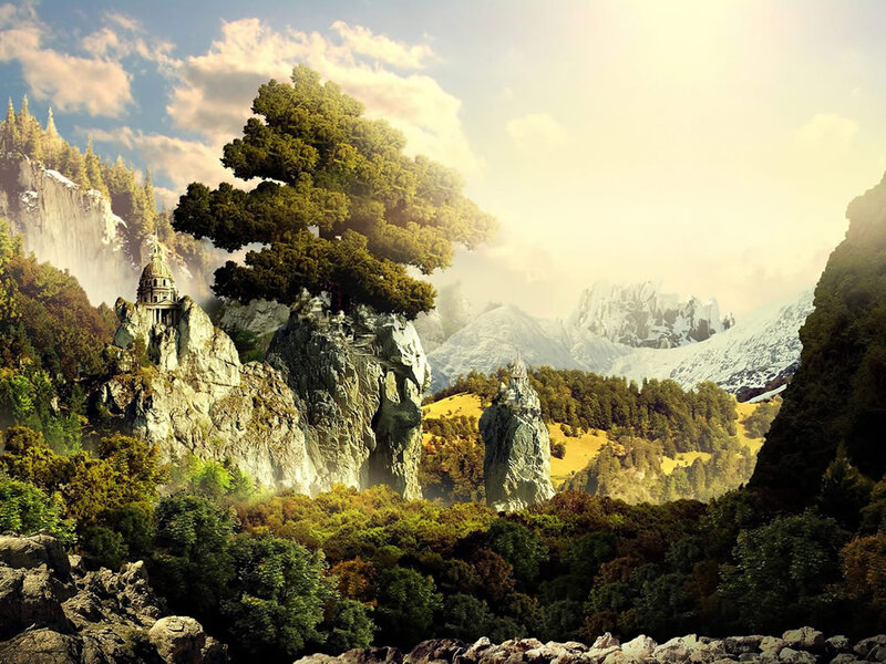 Fantasy Landscape with Castle — Green, Serene
