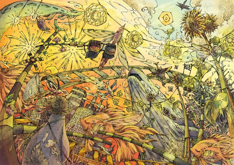 Fantasy Landscape with Creatures — Yellow