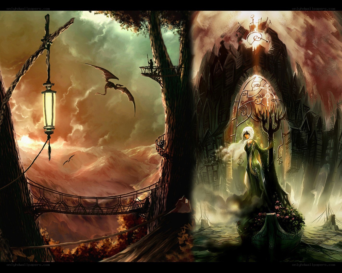 Fantasy landscape with dragon and mage