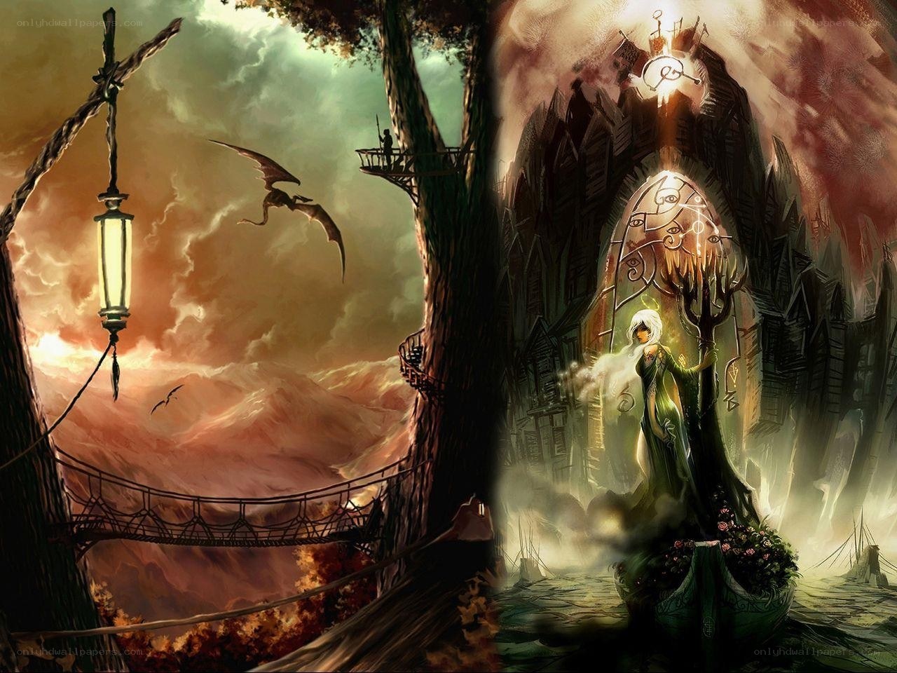 Fantasy landscape with dragon and mage