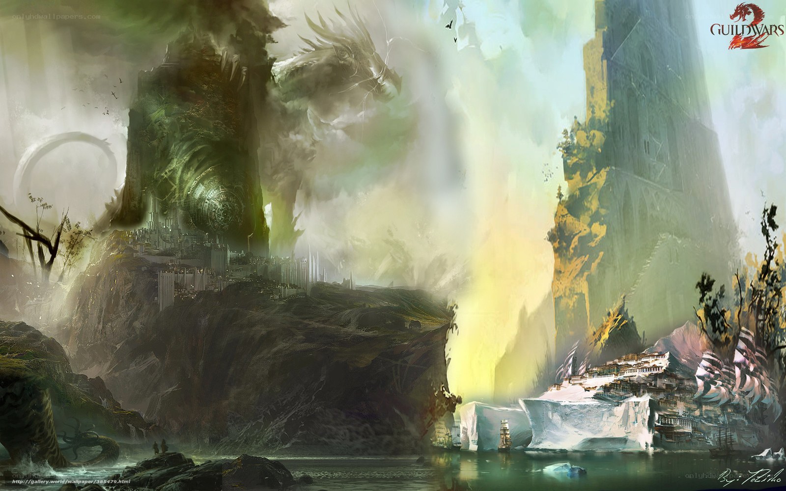 Fantasy landscape with dragons