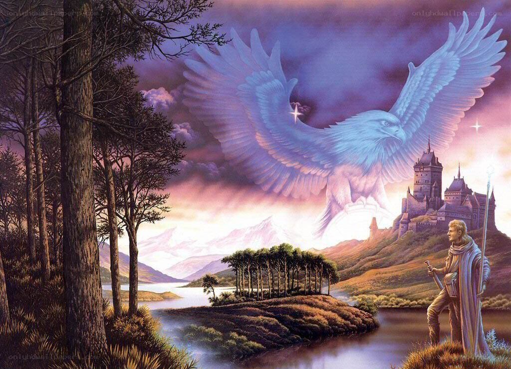 Fantasy landscape with eagle and castle