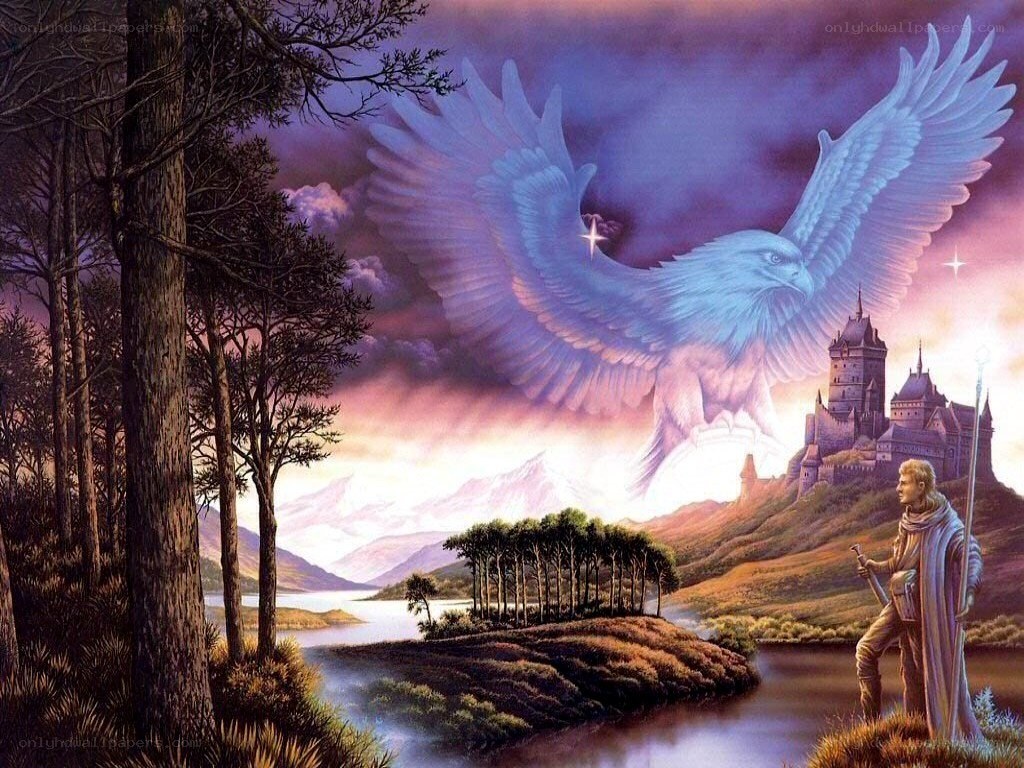 fantasy landscape with eagle and knight