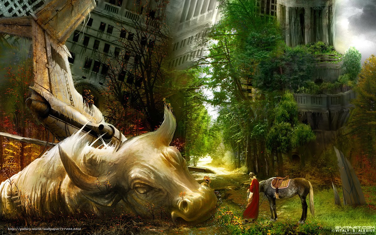 Fantasy landscape with fallen beast