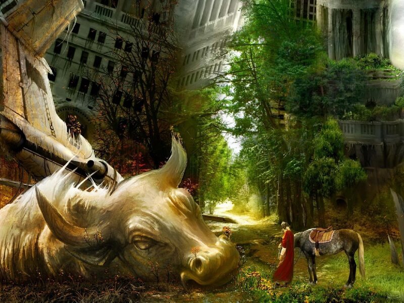 Fantasy landscape with fallen creature