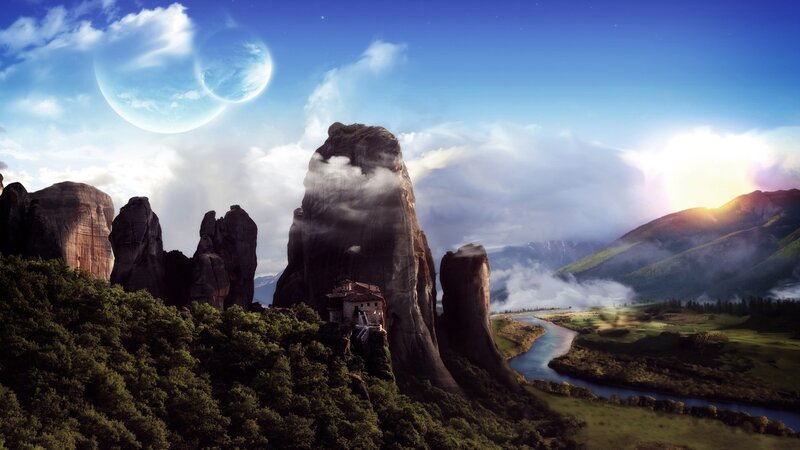 Fantasy landscape with floating rocks