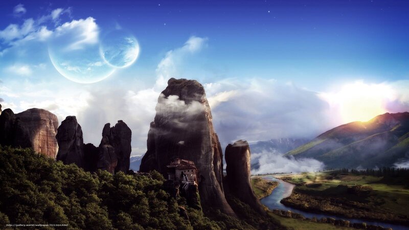 Fantasy landscape with floating rocks