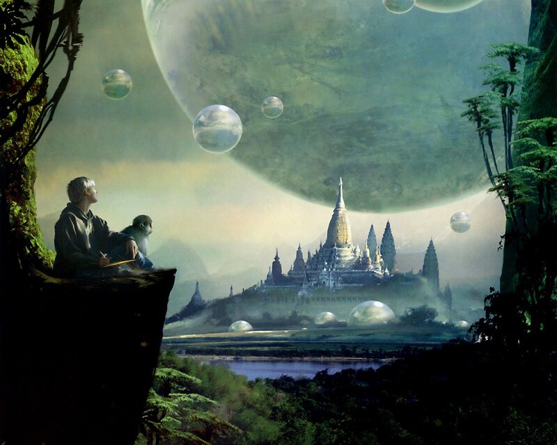 Fantasy landscape with floating spheres