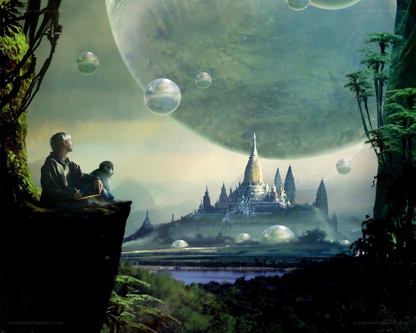 Fantasy landscape with floating spheres