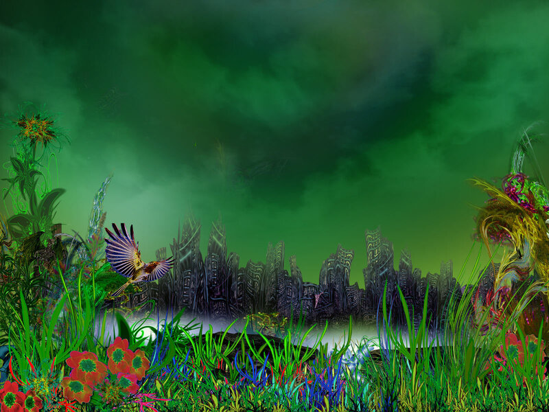 Fantasy landscape with flying bird