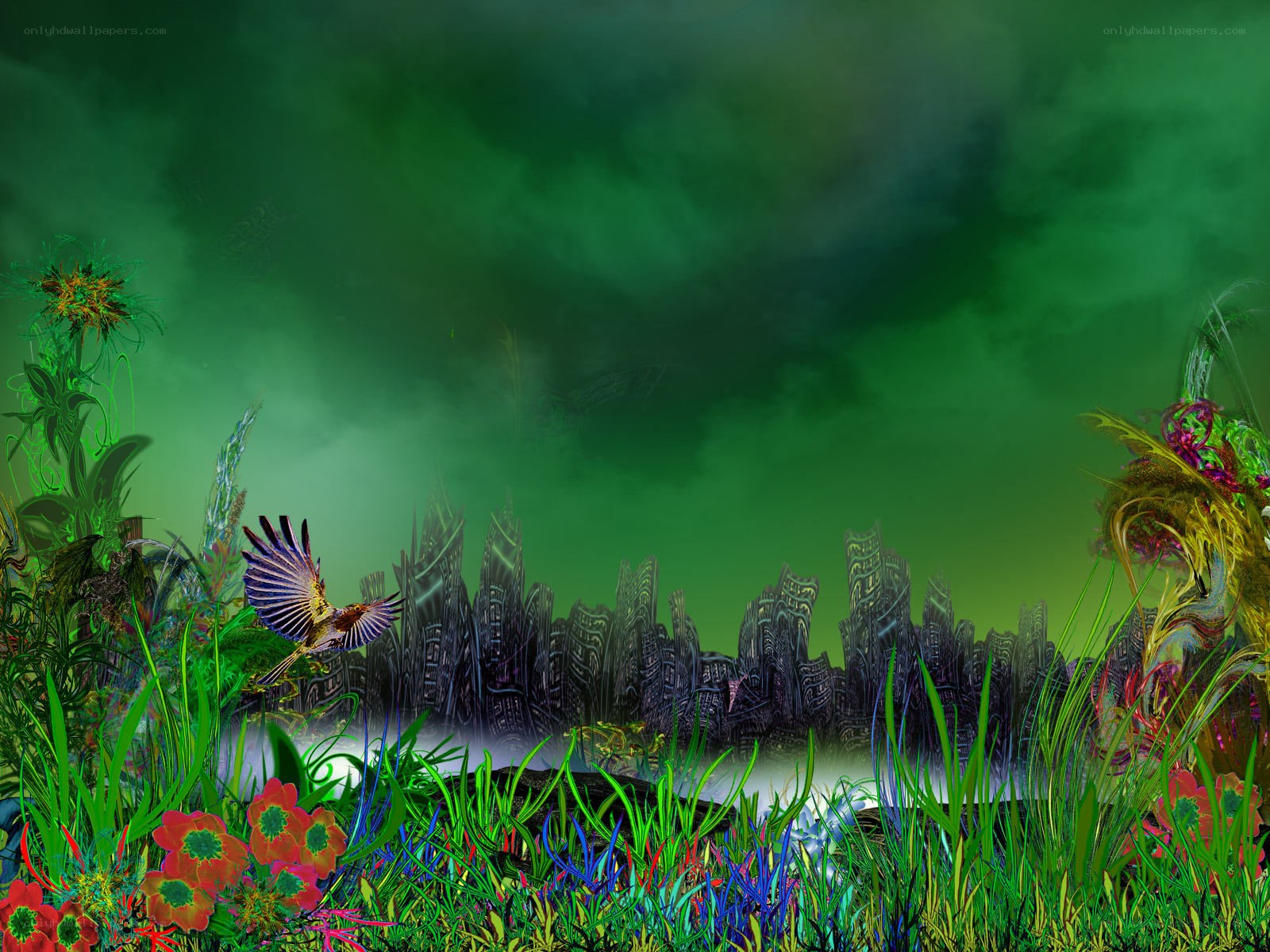 Fantasy landscape with flying bird