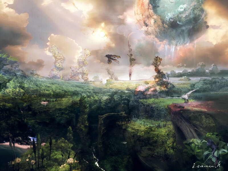 Fantasy landscape with flying creatures