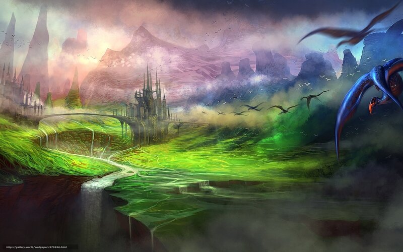 Fantasy landscape with flying creatures