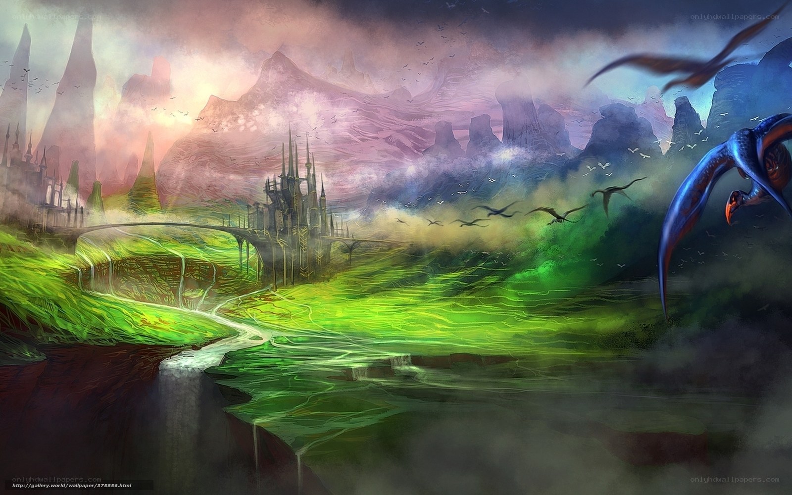 Fantasy landscape with flying creatures
