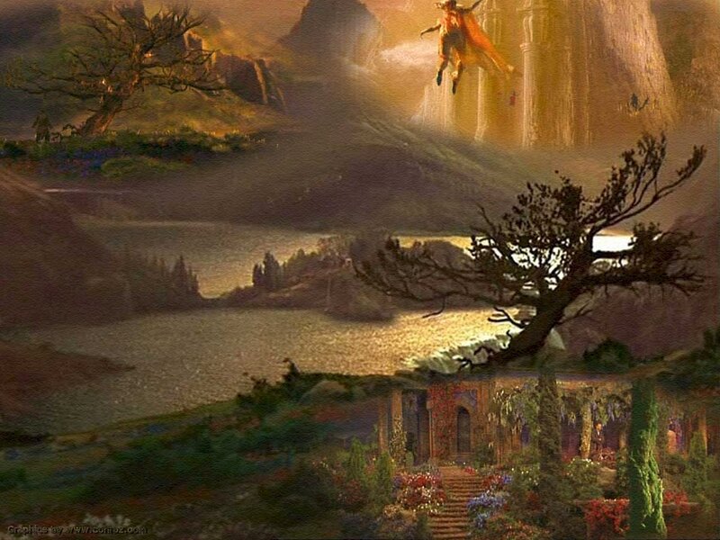 fantasy landscape with flying figure