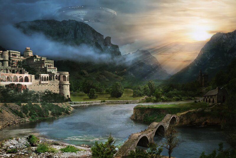 Fantasy landscape with flying saucer