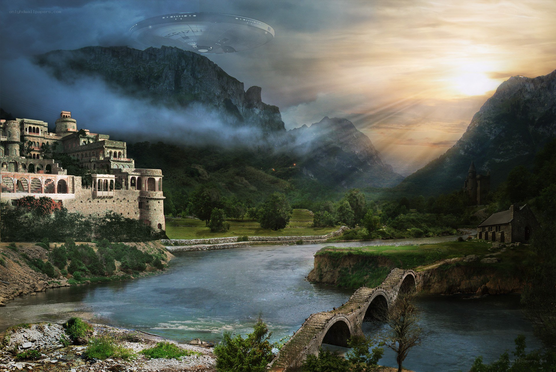 Fantasy landscape with flying saucer