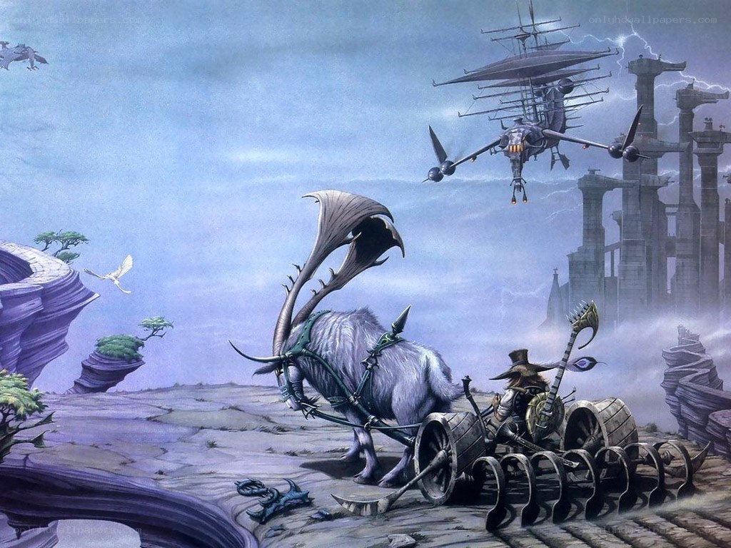 Fantasy landscape with flying ship