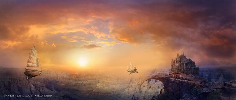 fantasy landscape with flying ships