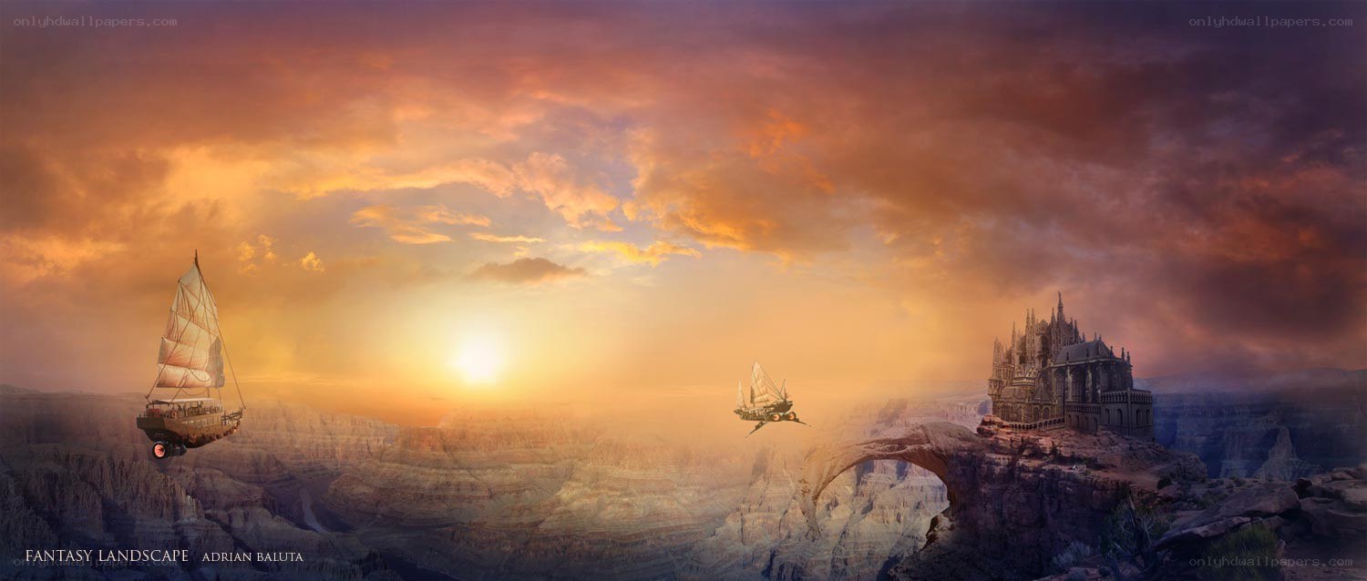 fantasy landscape with flying ships
