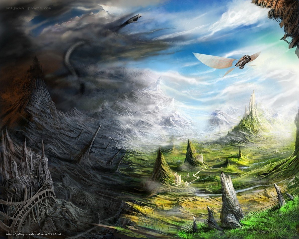 Fantasy landscape with flying vessel