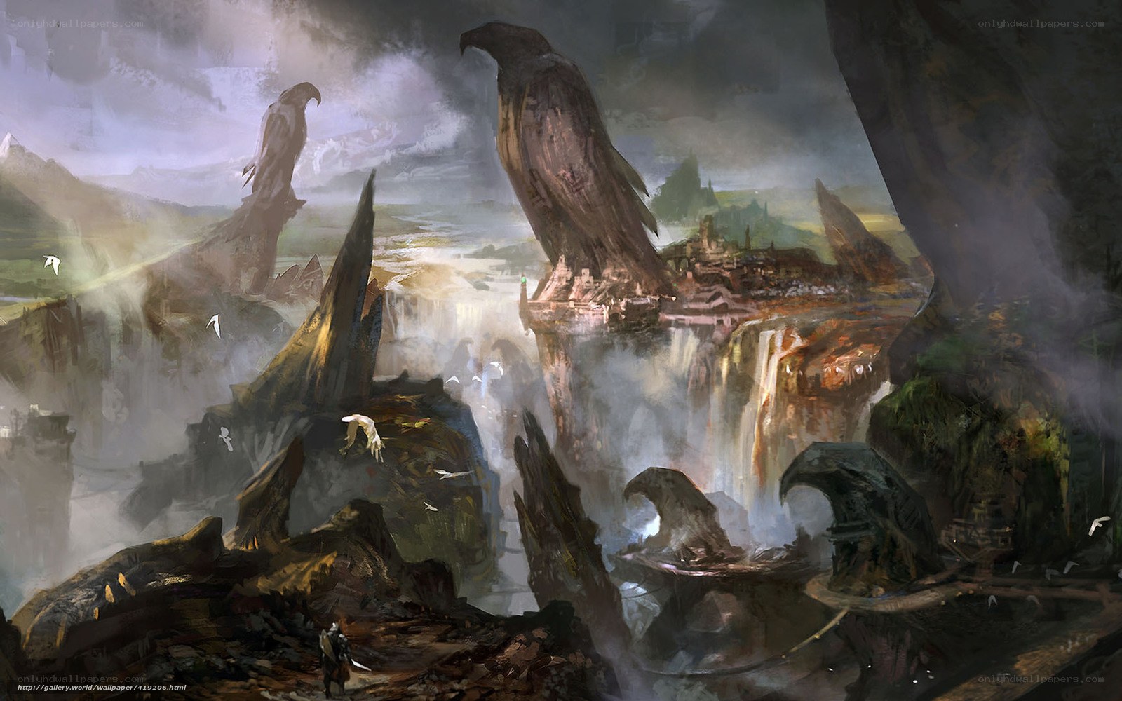 Fantasy landscape with giant birds