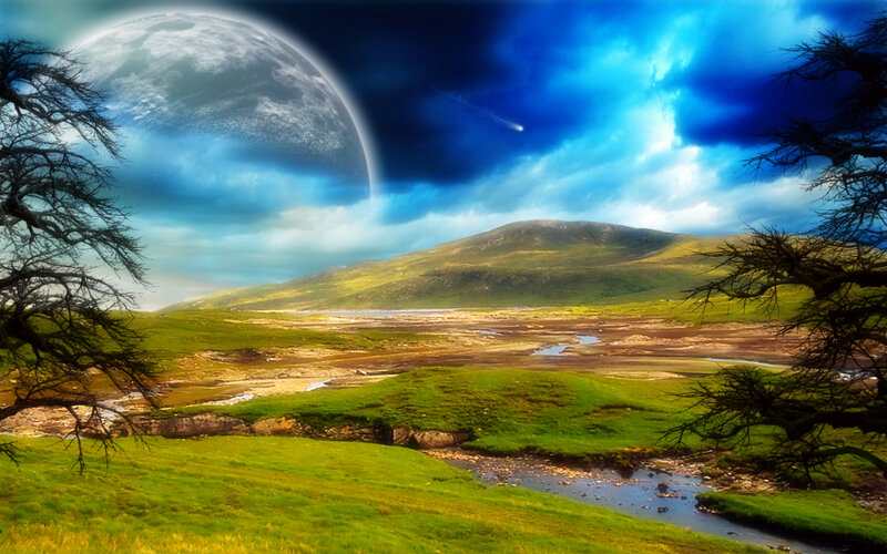 Fantasy landscape with giant moon