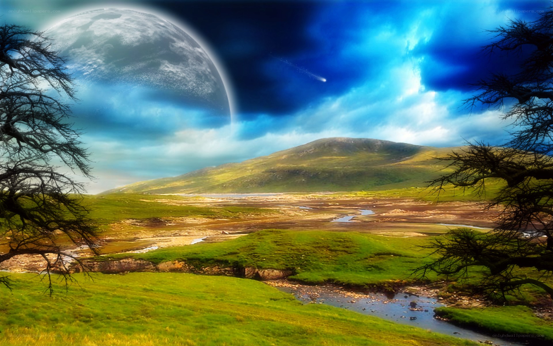Fantasy landscape with giant moon