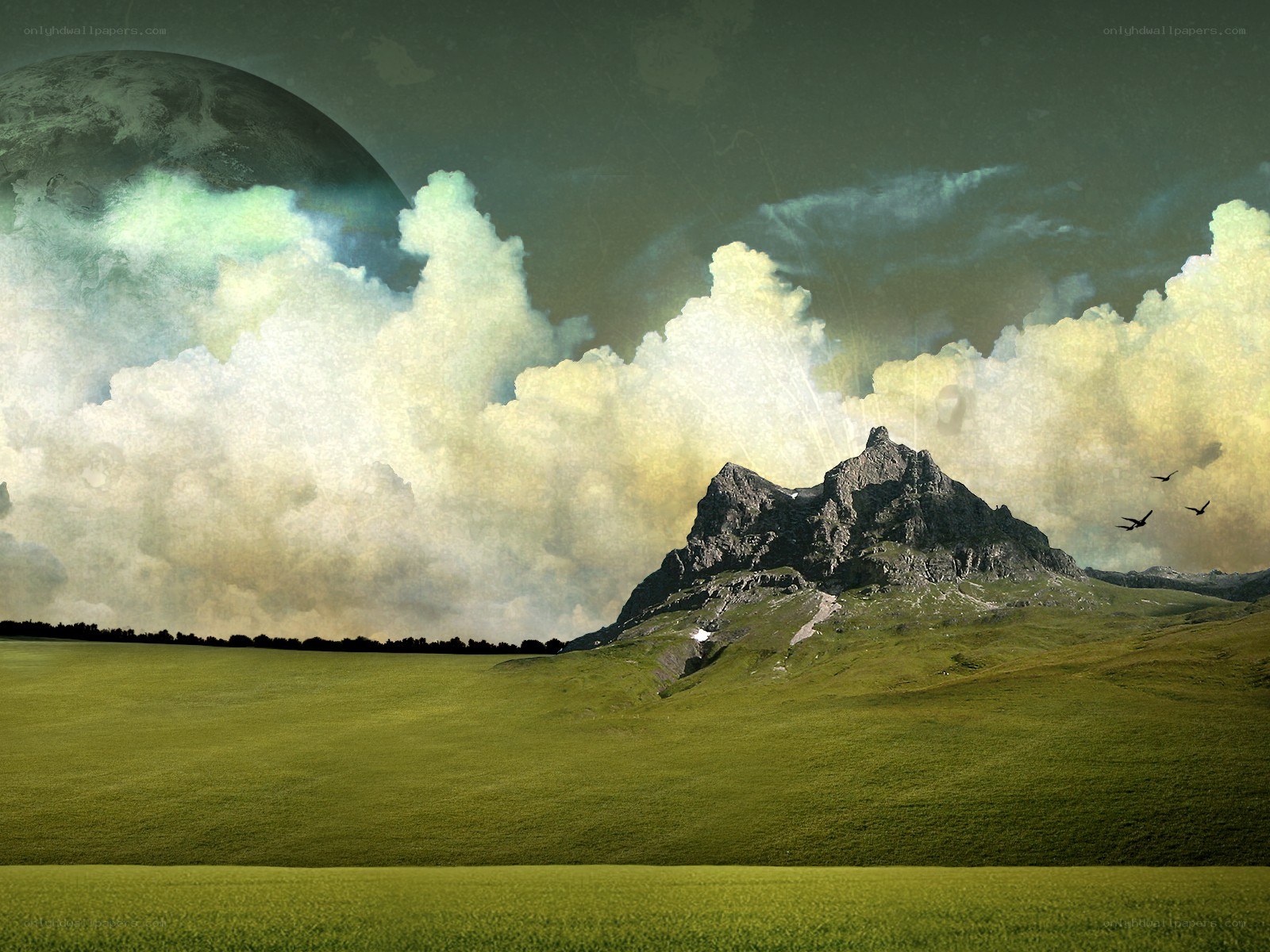 Fantasy landscape with giant moon