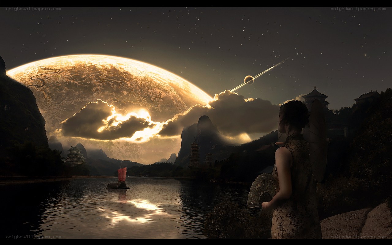 Fantasy landscape with giant planet
