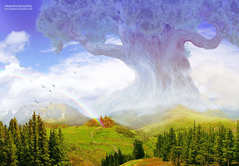 Fantasy landscape with giant tree