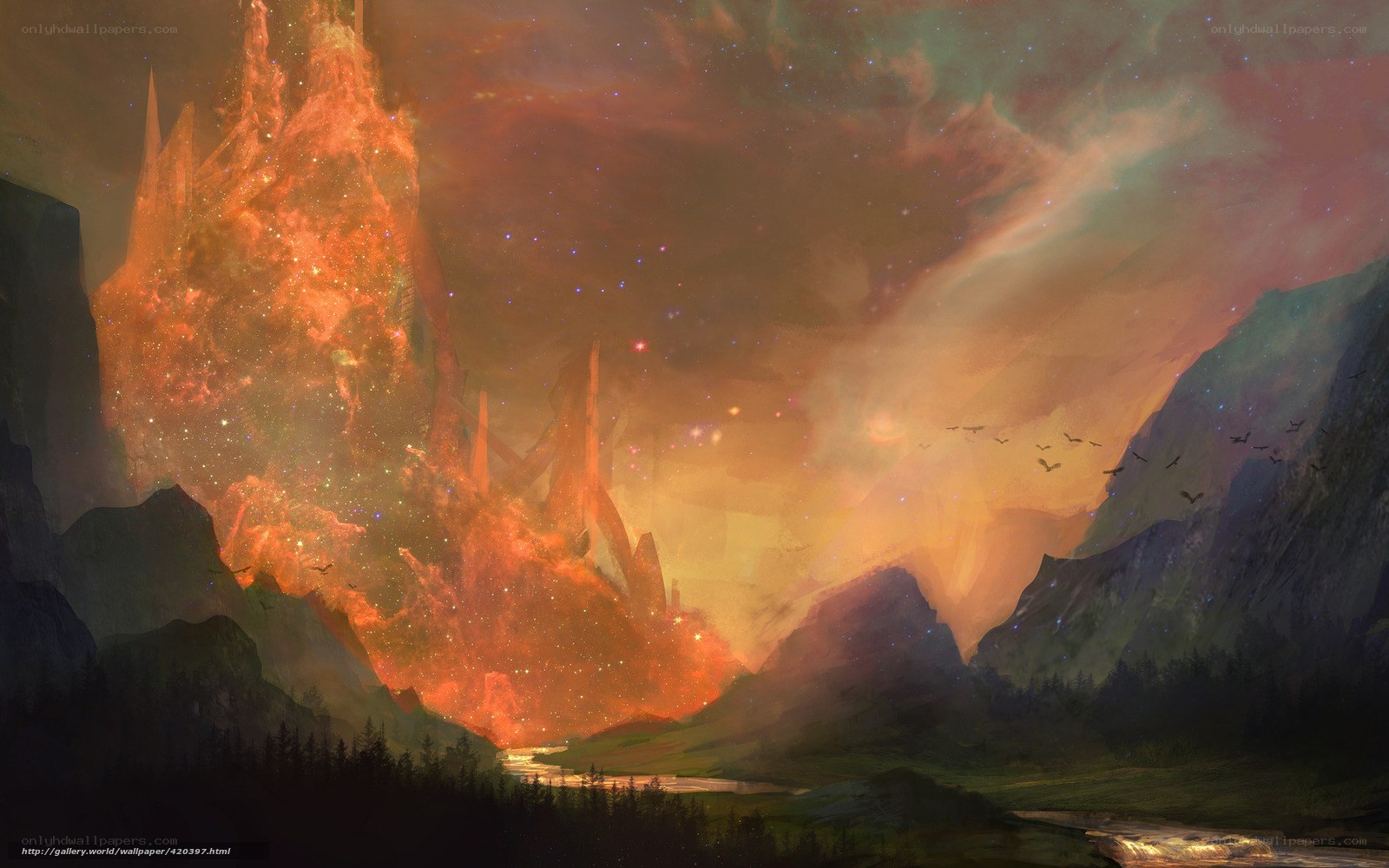 Fantasy landscape with glowing mountain