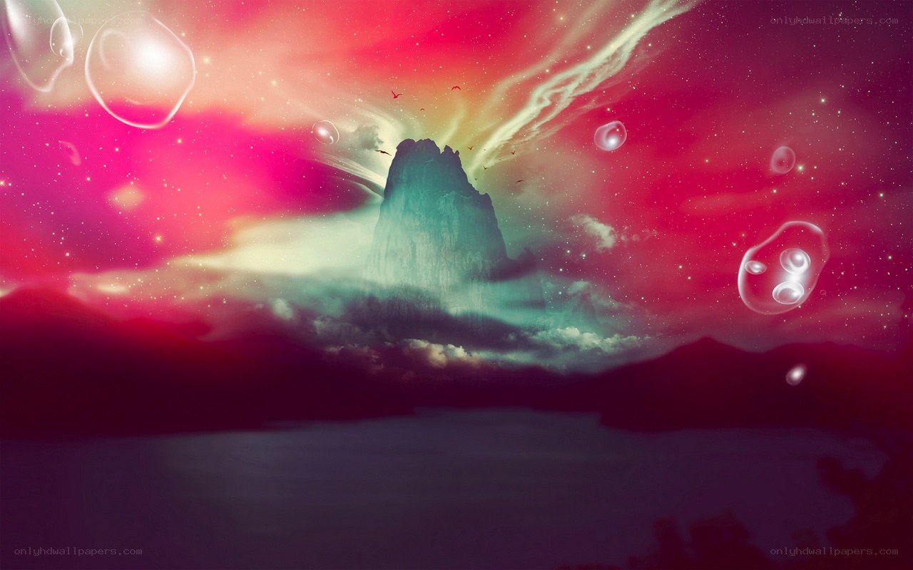 Fantasy landscape with glowing rock