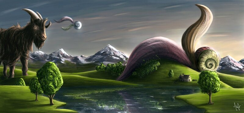 fantasy landscape with goat and snail