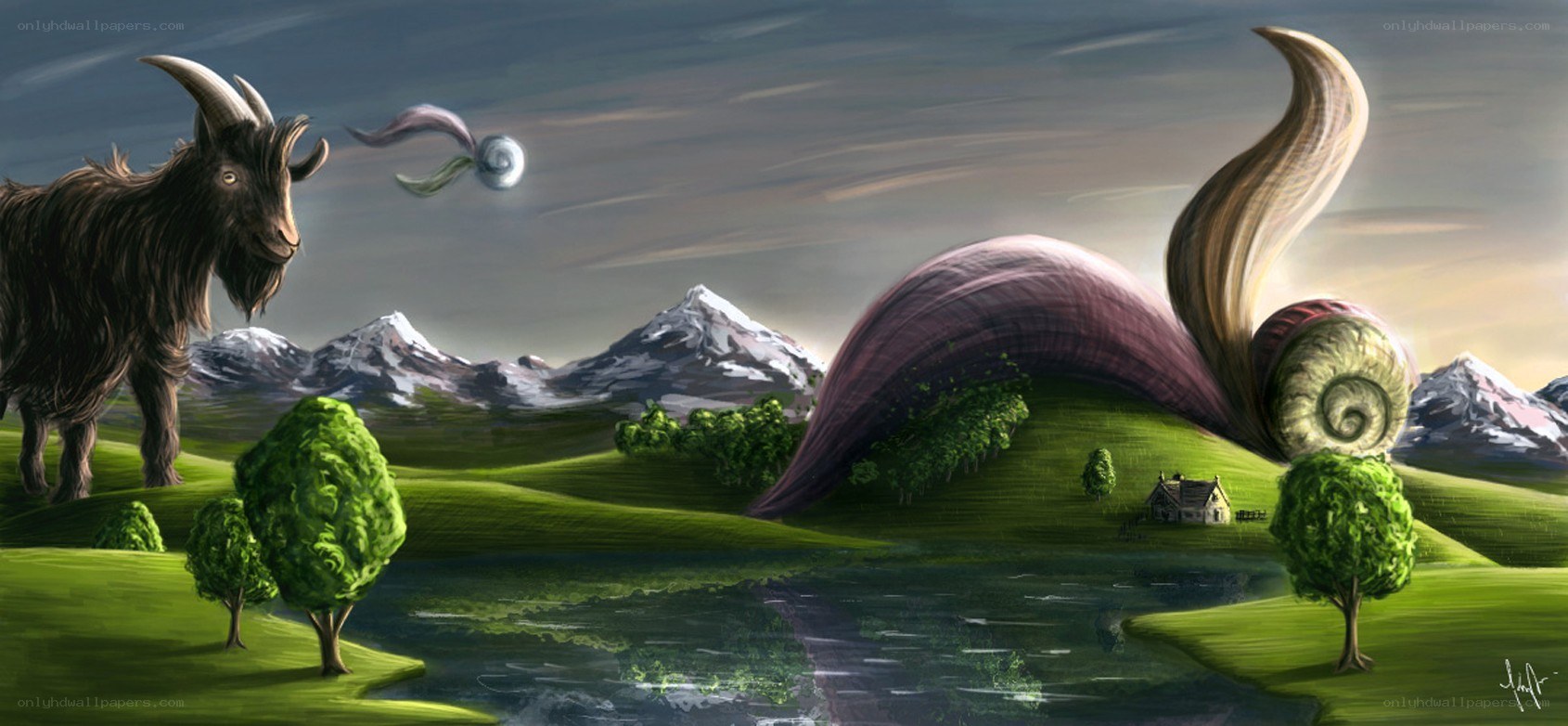 fantasy landscape with goat and snail