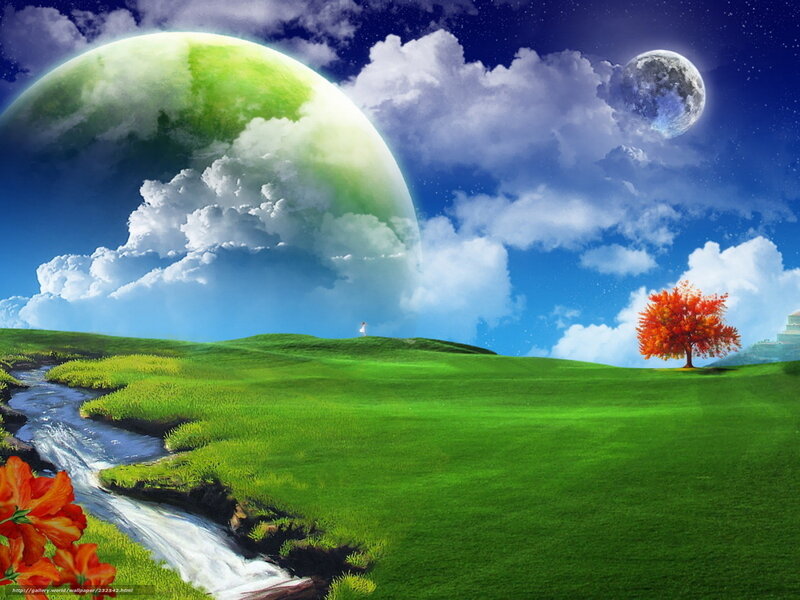 Fantasy landscape with green planet
